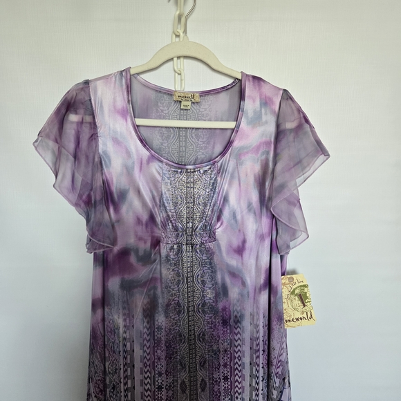 ONE WORLD DRESS MIDI MAXI TIE DYE FLOWY EASTER SPRING FLUTTER SLEEVES NWT LARGE - Picture 3 of 14